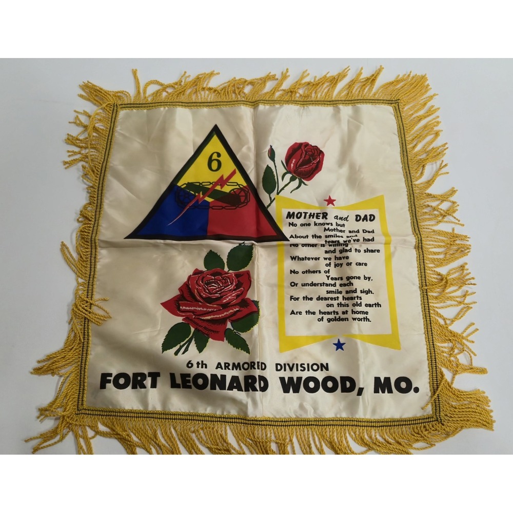 Vintage US Army 6th Armored Division WWII Sweetheart Pillow Cover Fort Wood